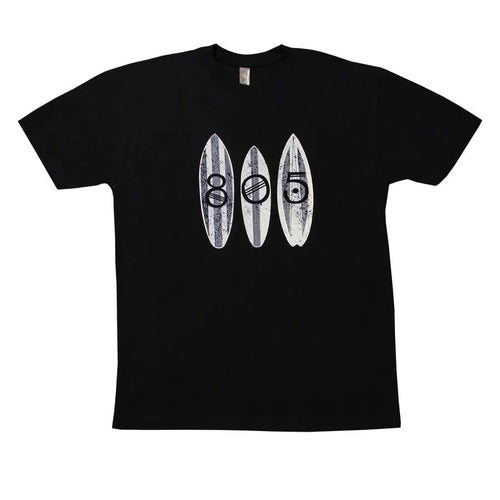 Men's Black T-Shirt (805 on Surfboards, White Graphic)