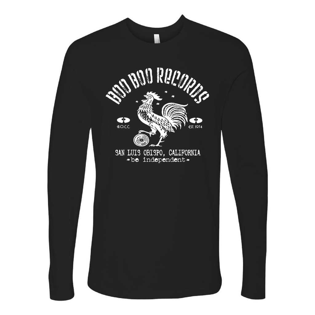 Men's 100% Cotton Long Sleeve Vintage Black T-Shirt, White Boo Boo Records Logo
