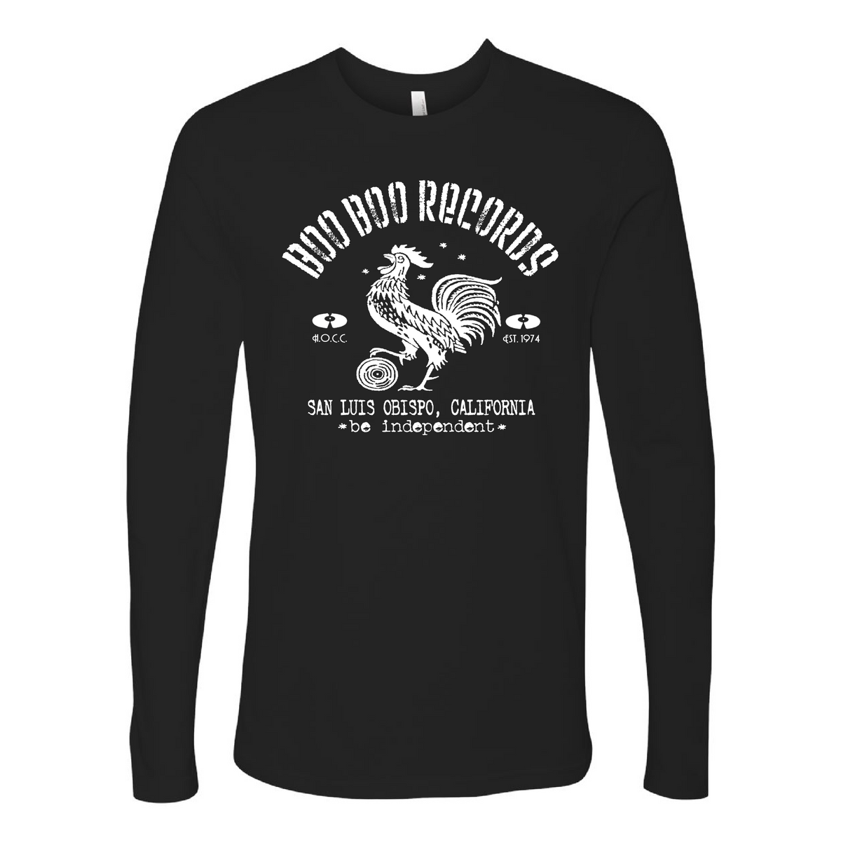 Men's 100% Cotton Long Sleeve Vintage Black T-Shirt, White Boo Boo Records Logo