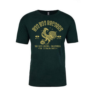 Men's 100% Cotton T-Shirt (Boo Boo Records, Forest Green with Gold Logo)