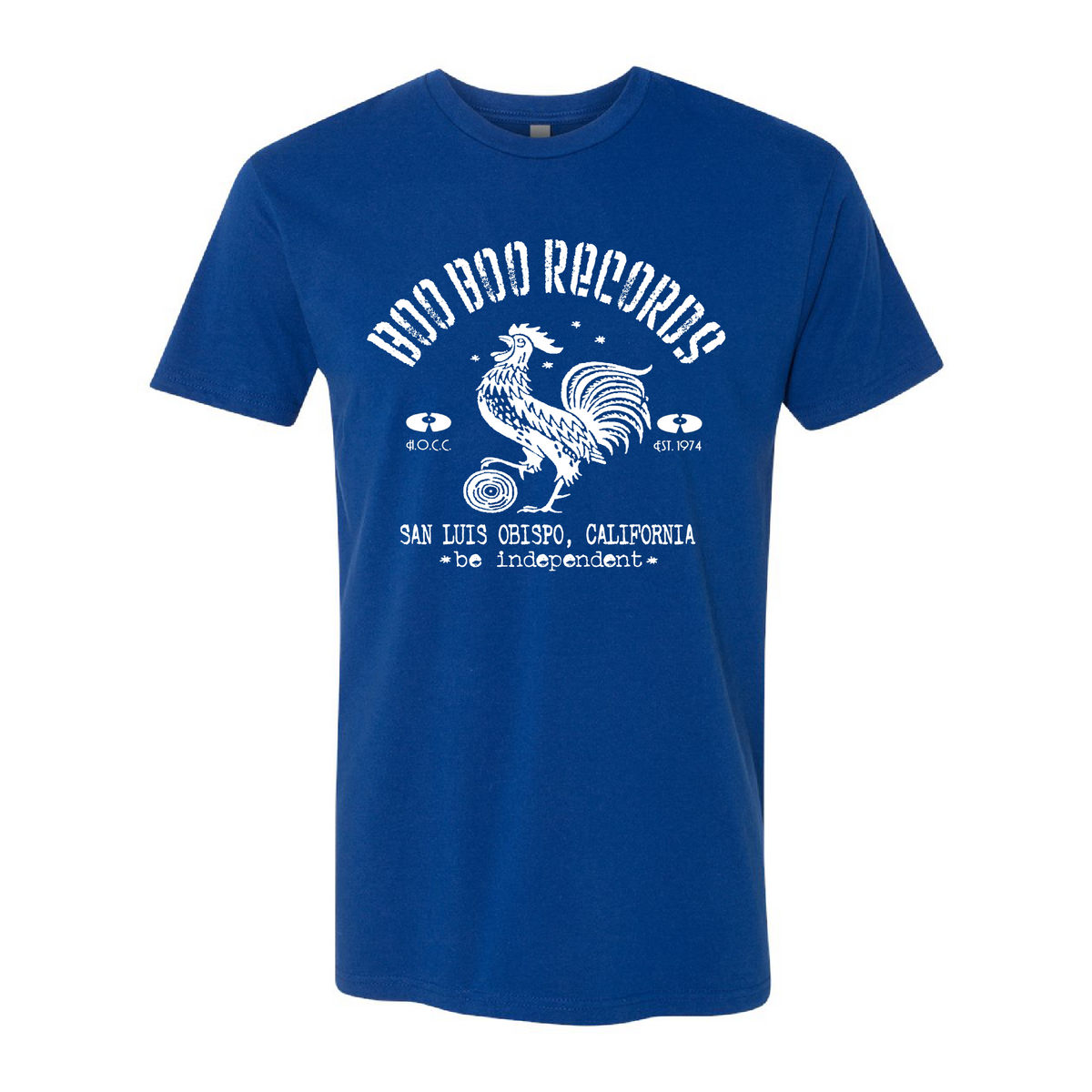 Men's 100% Cotton T-Shirt (Boo Boo Records, Royal Blue, White Logo)