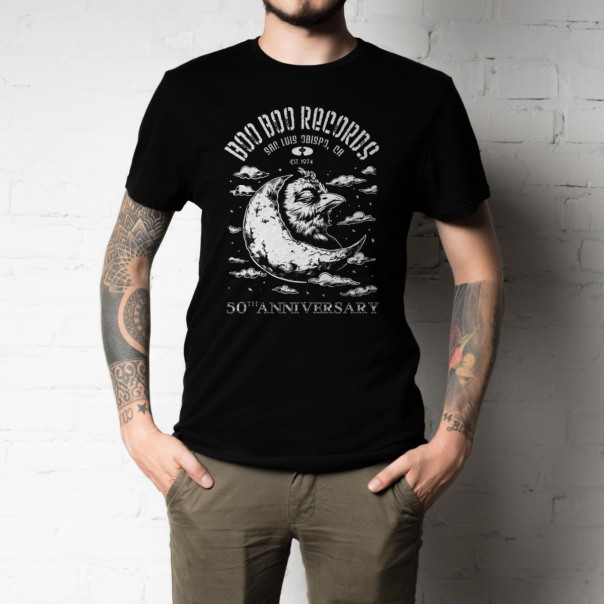 Men's Commemorative 50th Anniversary Moon Chicken T-Shirt (Black with White Logo) Boo Boo Records