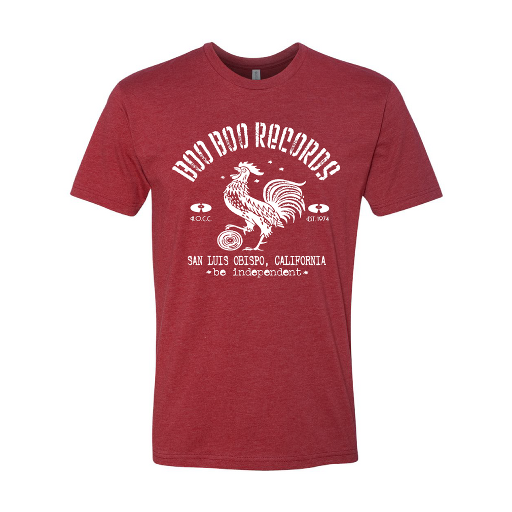 Men's Cotton/Poly T-Shirt (Boo Boo Records, Cardinal Red, White Logo) 