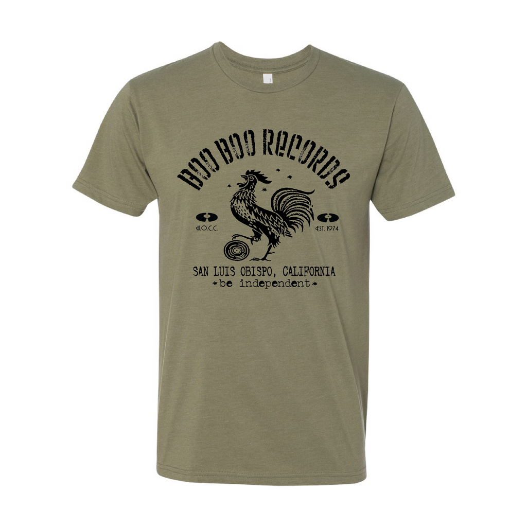 Men's Cotton/Poly T-Shirt (Boo Boo Records, Light Olive, Black Logo)
